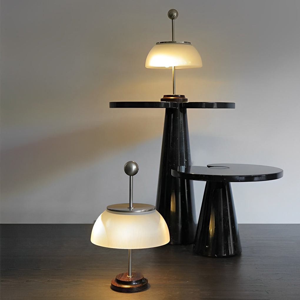 Modern Italian Ribbed Bowl Glass Table Lamp with Marble Base and Silver or Black Metal Finish