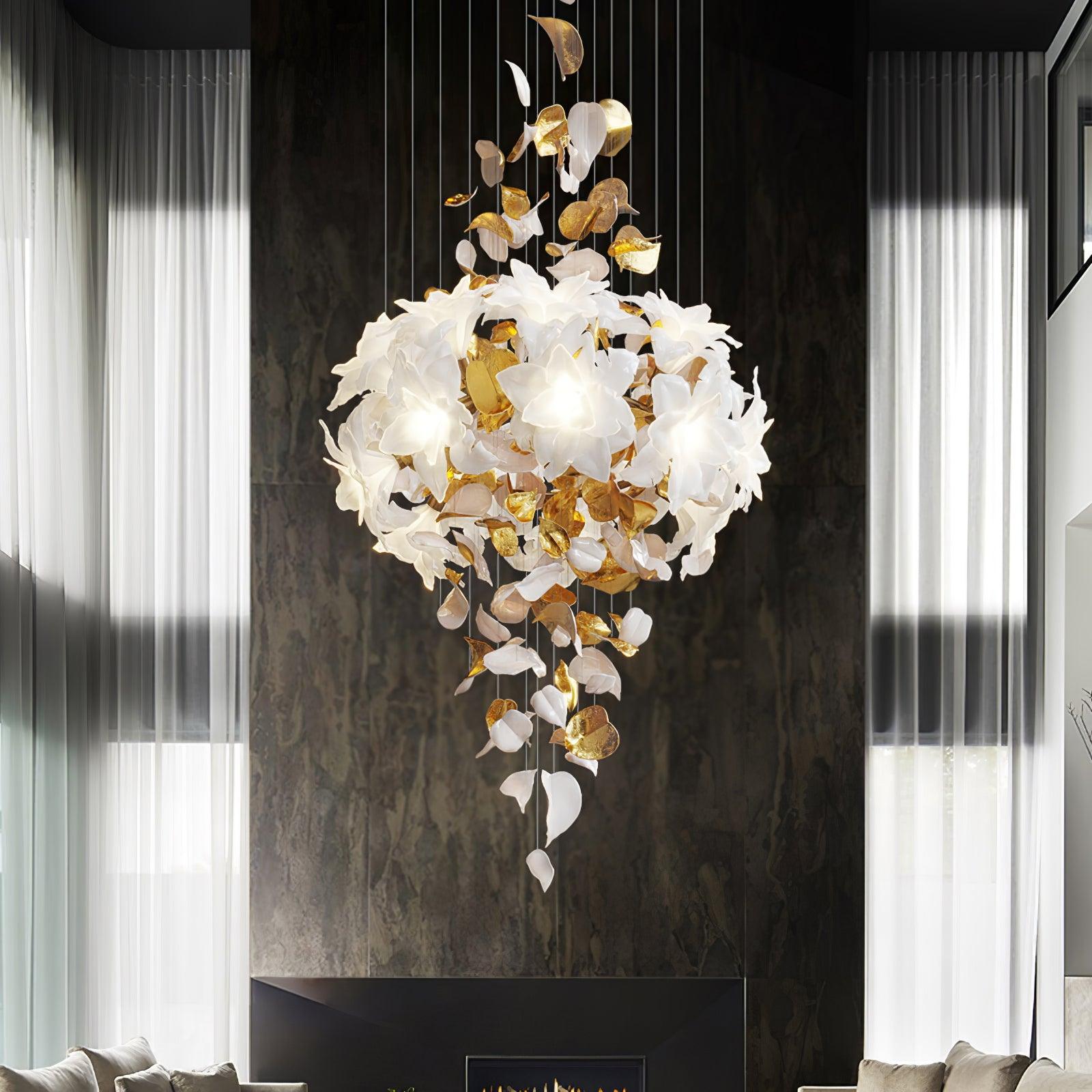Modern Ivory Glass Petal Floral Chandelier with Brass Finish for Living Room