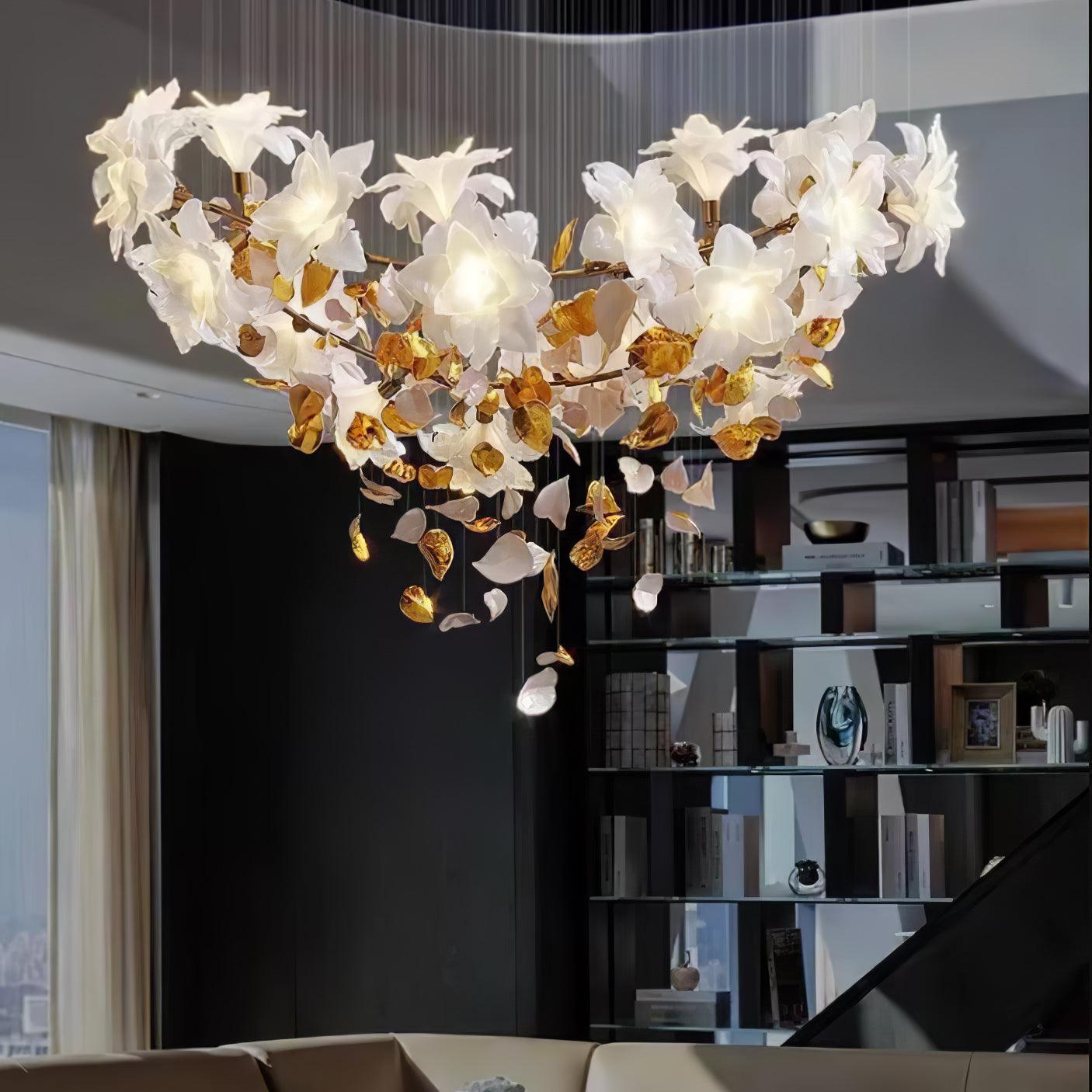 Modern Ivory Glass Petal Floral Chandelier with Brass Finish for Living Room