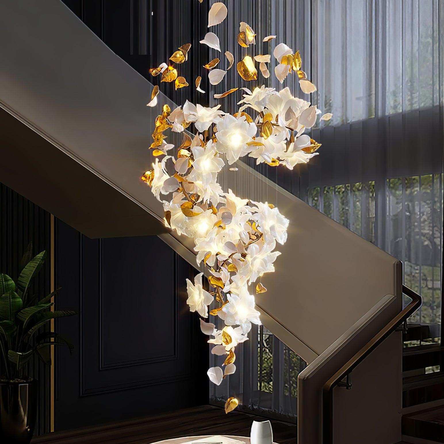 Modern Ivory Glass Petal Floral Chandelier with Brass Finish for Living Room