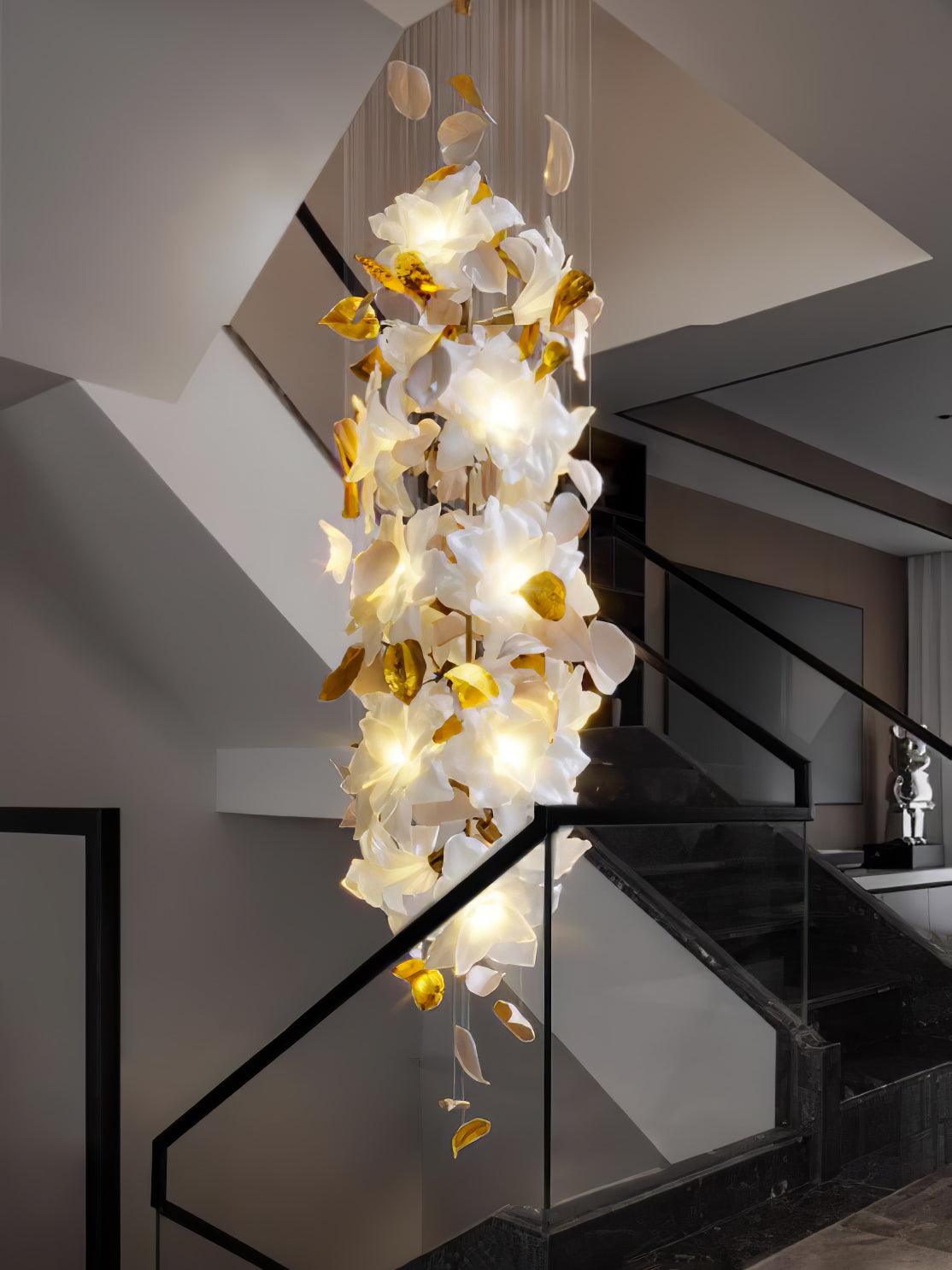Modern Ivory Glass Petal Floral Chandelier with Brass Finish for Living Room