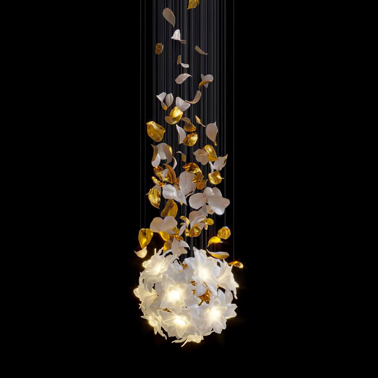Modern Ivory Glass Petal Floral Chandelier with Brass Finish for Living Room