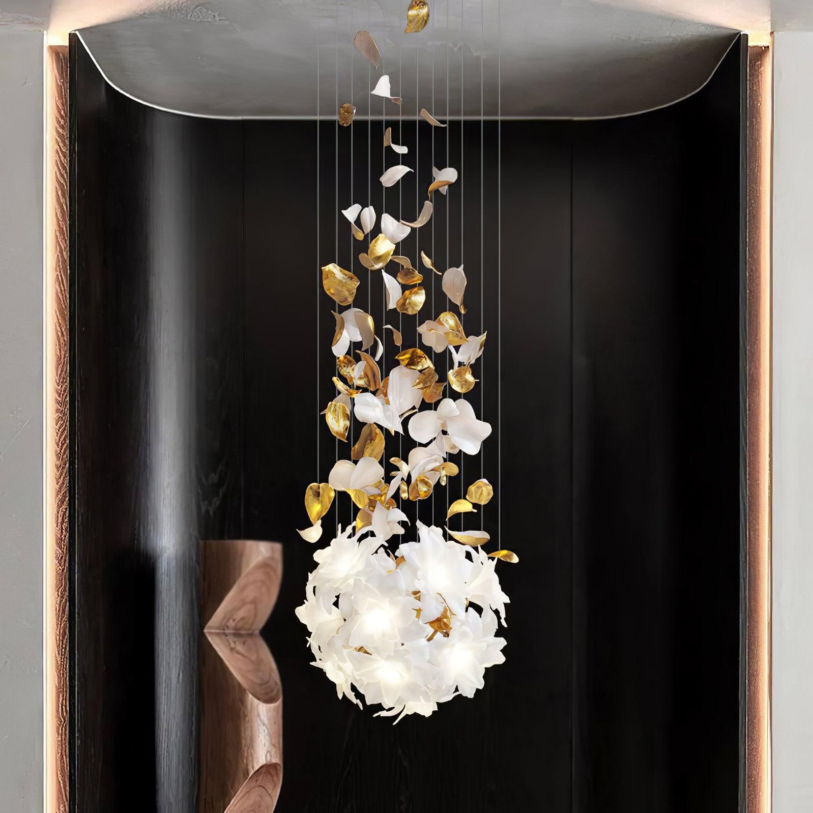 Modern Ivory Glass Petal Floral Chandelier with Brass Finish for Living Room