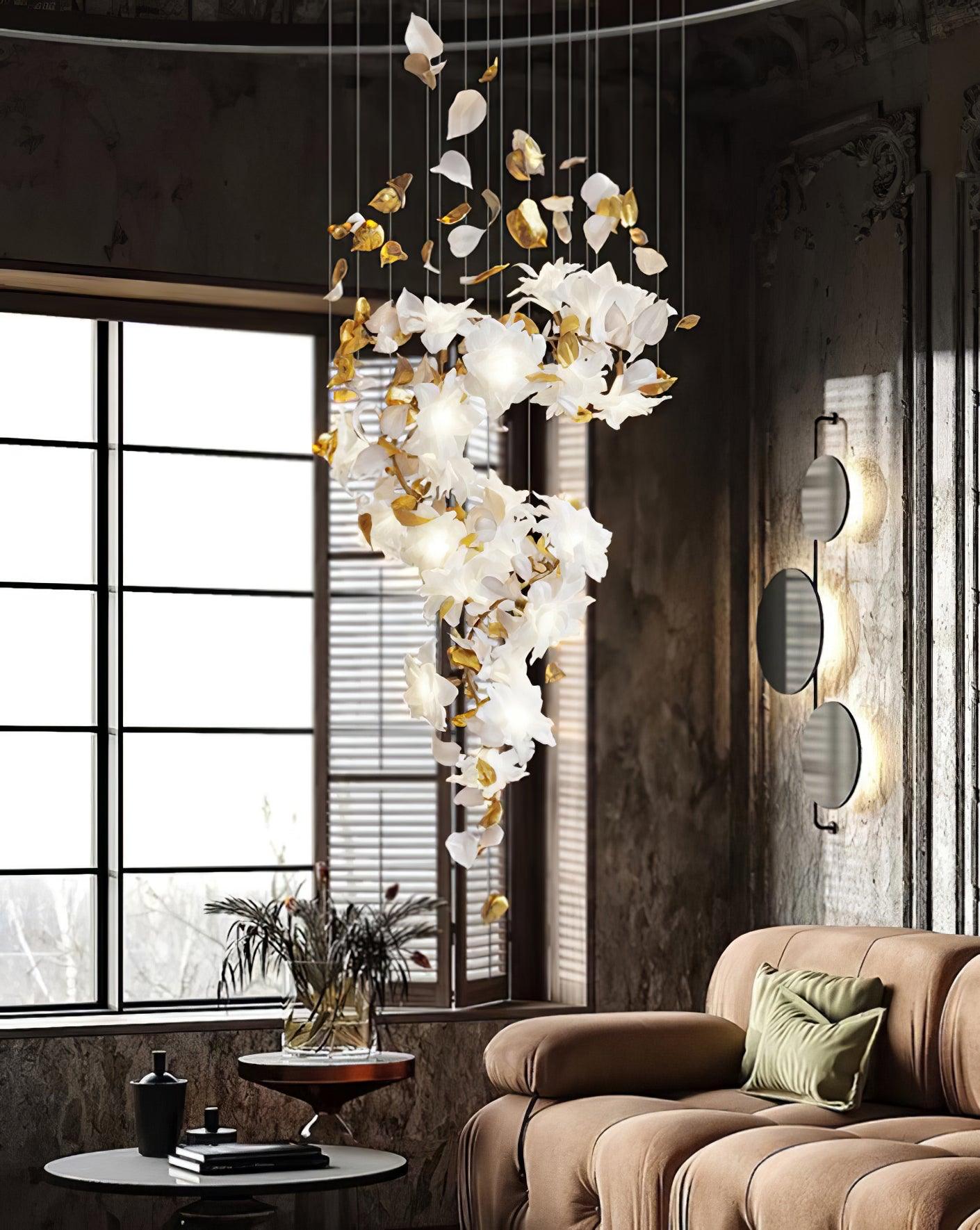 Modern Ivory Glass Petal Floral Chandelier with Brass Finish for Living Room