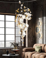 Modern Ivory Glass Petal Floral Chandelier with Brass Finish for Living Room