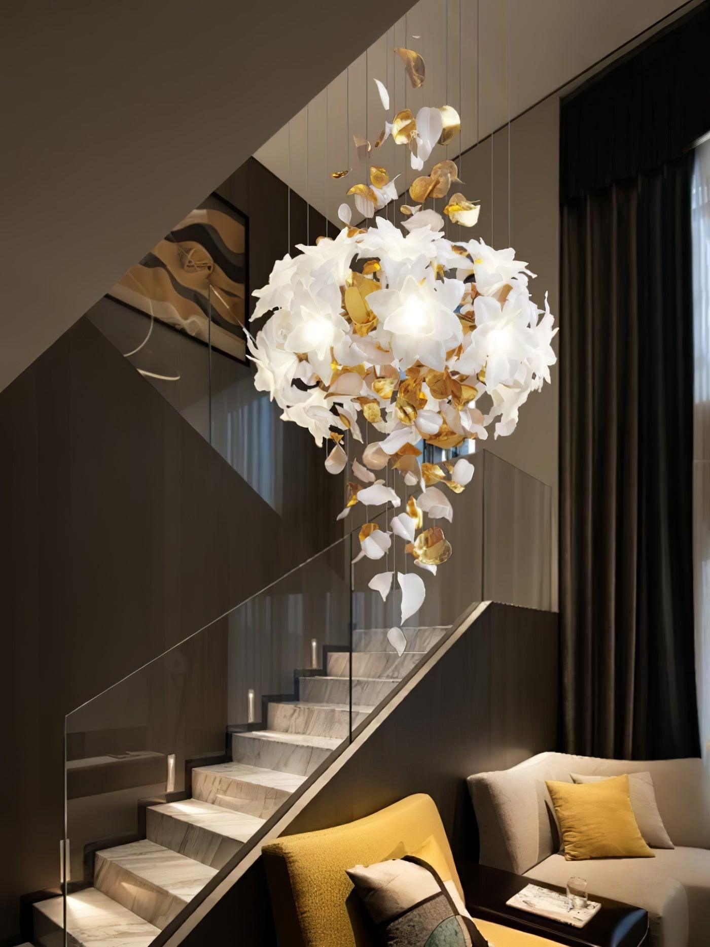 Modern Ivory Glass Petal Floral Chandelier with Brass Finish for Living Room