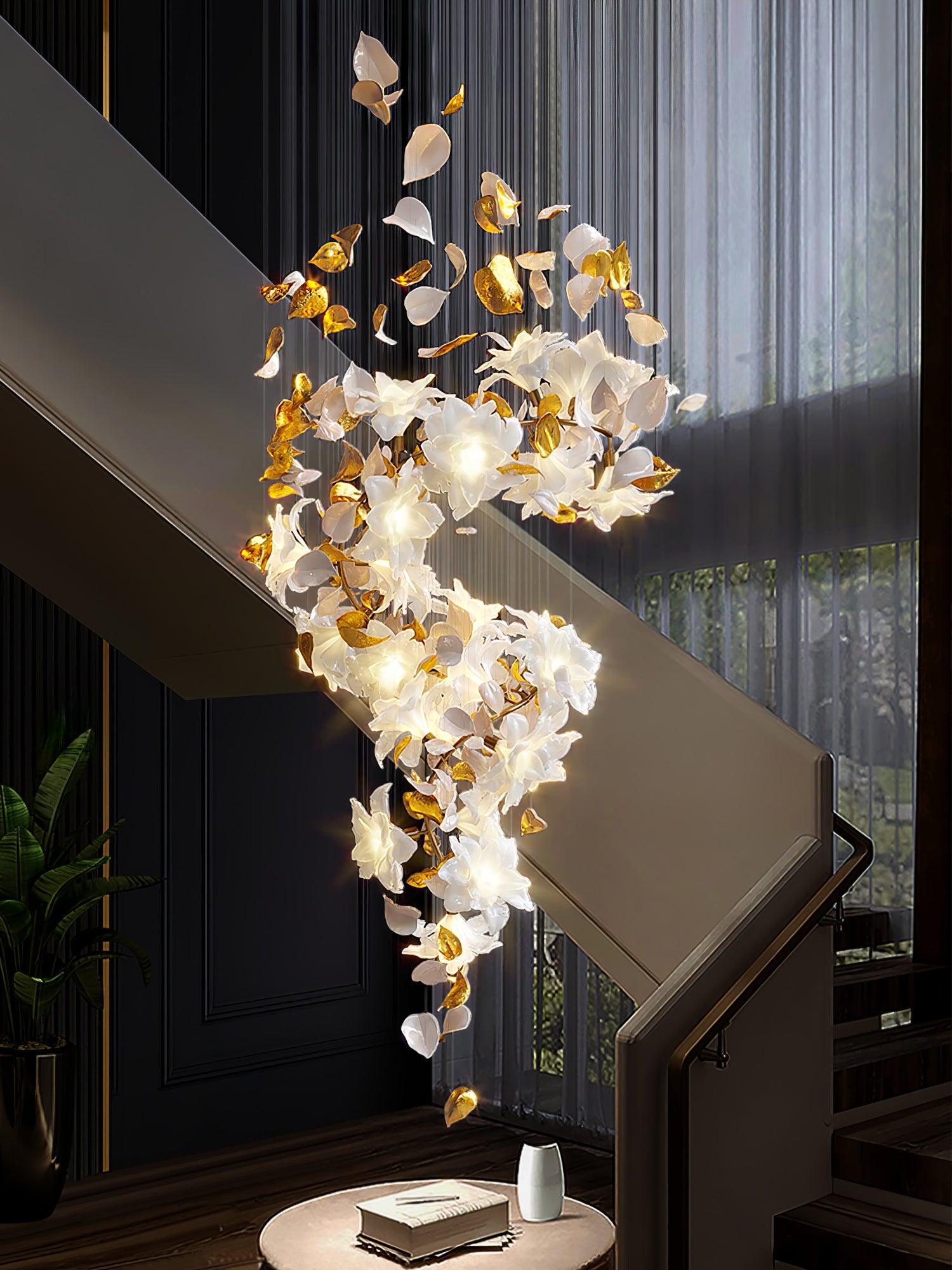 Modern Ivory Glass Petal Floral Chandelier with Brass Finish for Living Room