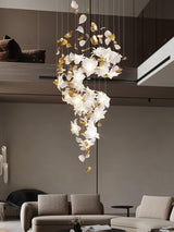 Modern Ivory Glass Petal Floral Chandelier with Brass Finish for Living Room