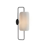 Modern Japanese LED Wall Lantern Sconce with Striped White Fabric Shade and Black Iron Frame Indoor Lamp