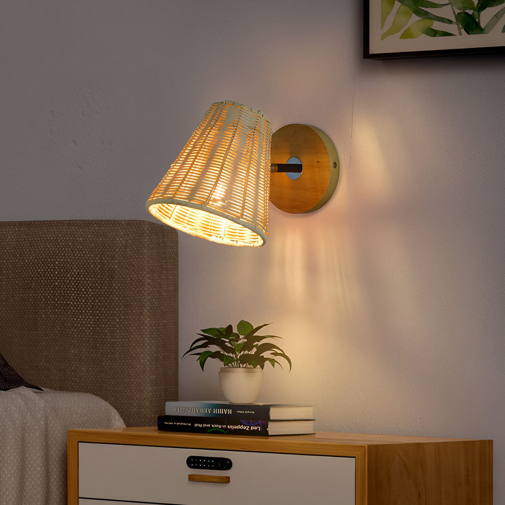 Modern Japanese Style Woven Rattan Wall Lamp 360 Degree Adjustable Sconce Light
