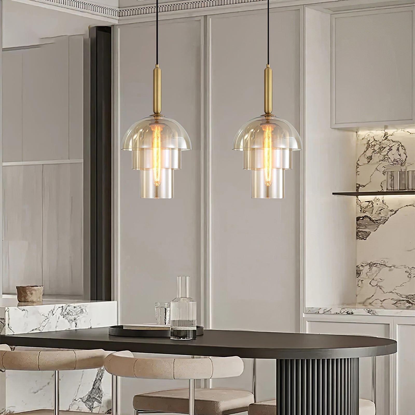 Modern Jolly Glass Pendant Light with Cognac Shades and Gold Finish Droplight