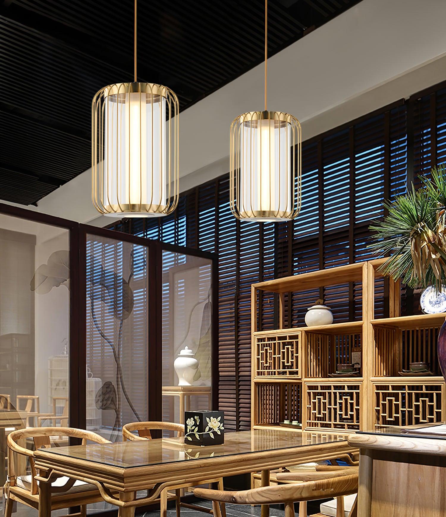 Modern Kai 2 Japanese Lantern Inspired LED Pendant Light Gold and Black Integrated Hanging Lamp