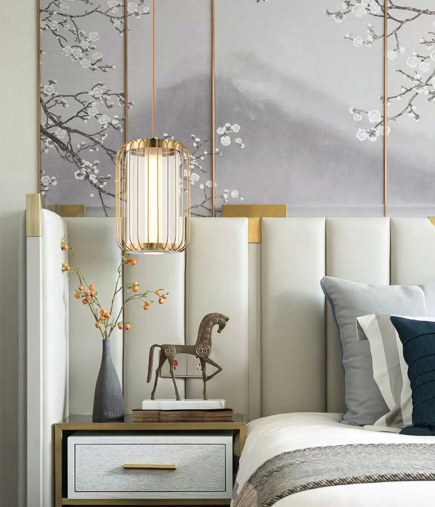 Modern Kai 2 Japanese Lantern Inspired LED Pendant Light Gold and Black Integrated Hanging Lamp