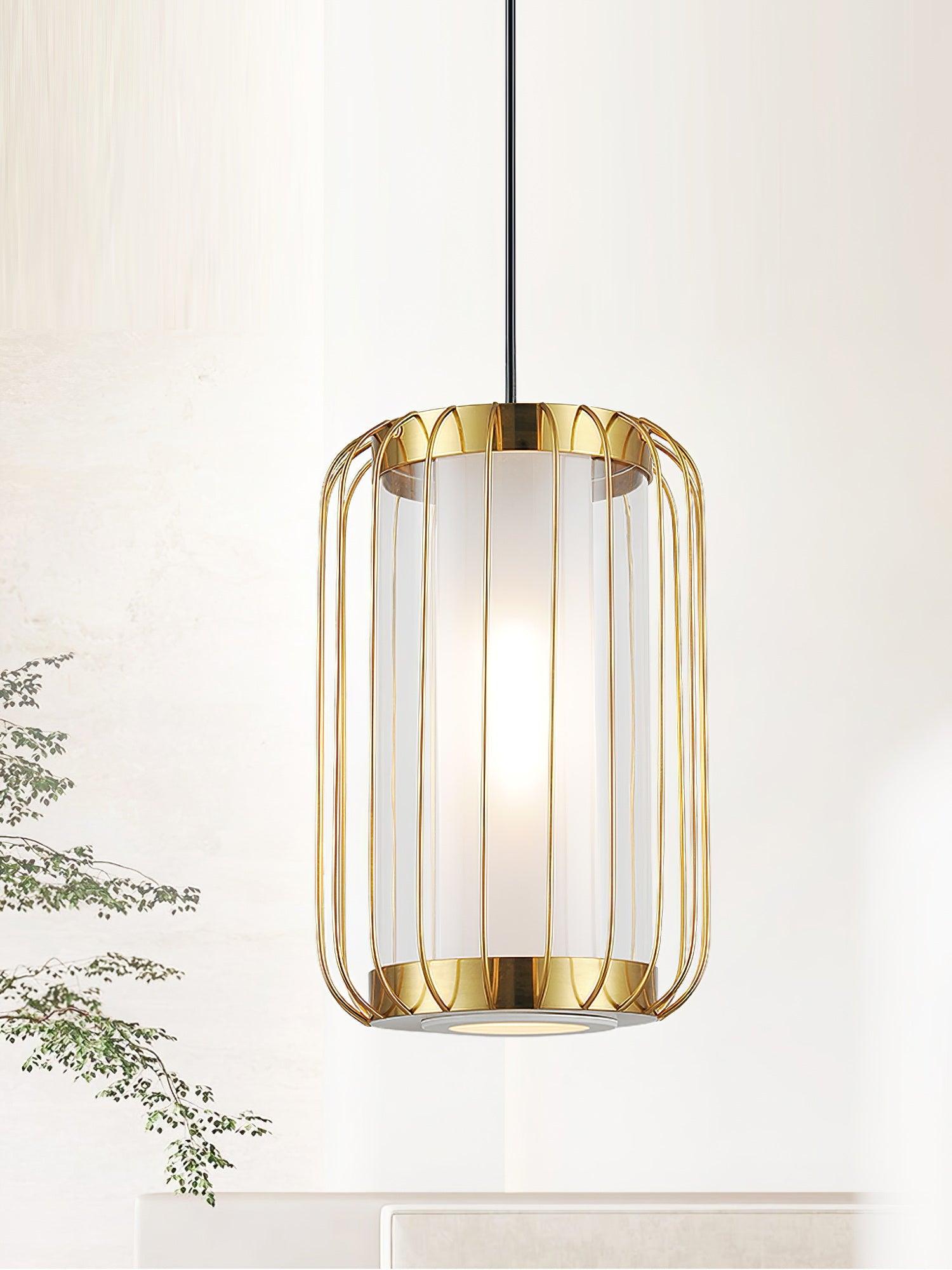 Modern Kai 2 Japanese Lantern Inspired LED Pendant Light Gold and Black Integrated Hanging Lamp