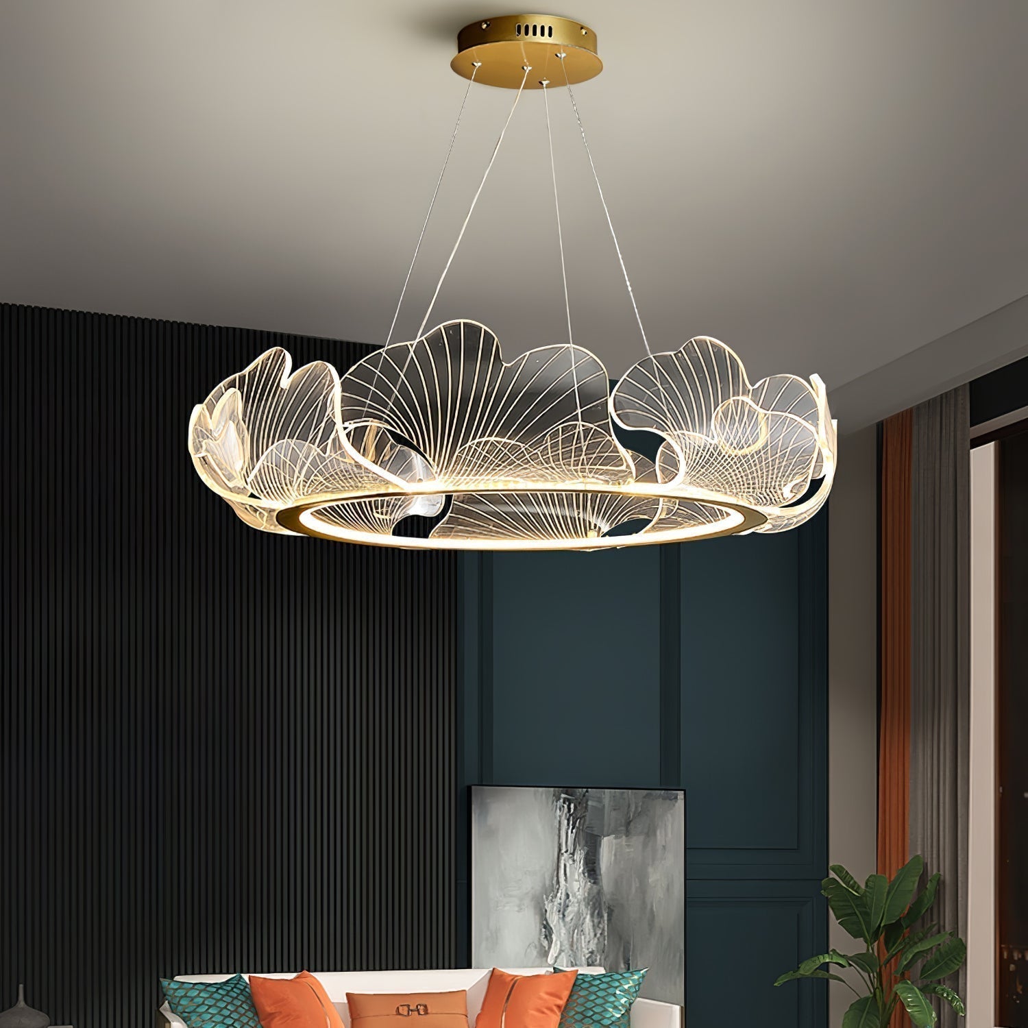 Modern Leaf Shaped LED Chandelier Gold Scallop Edge Pendant Lighting for Living Room