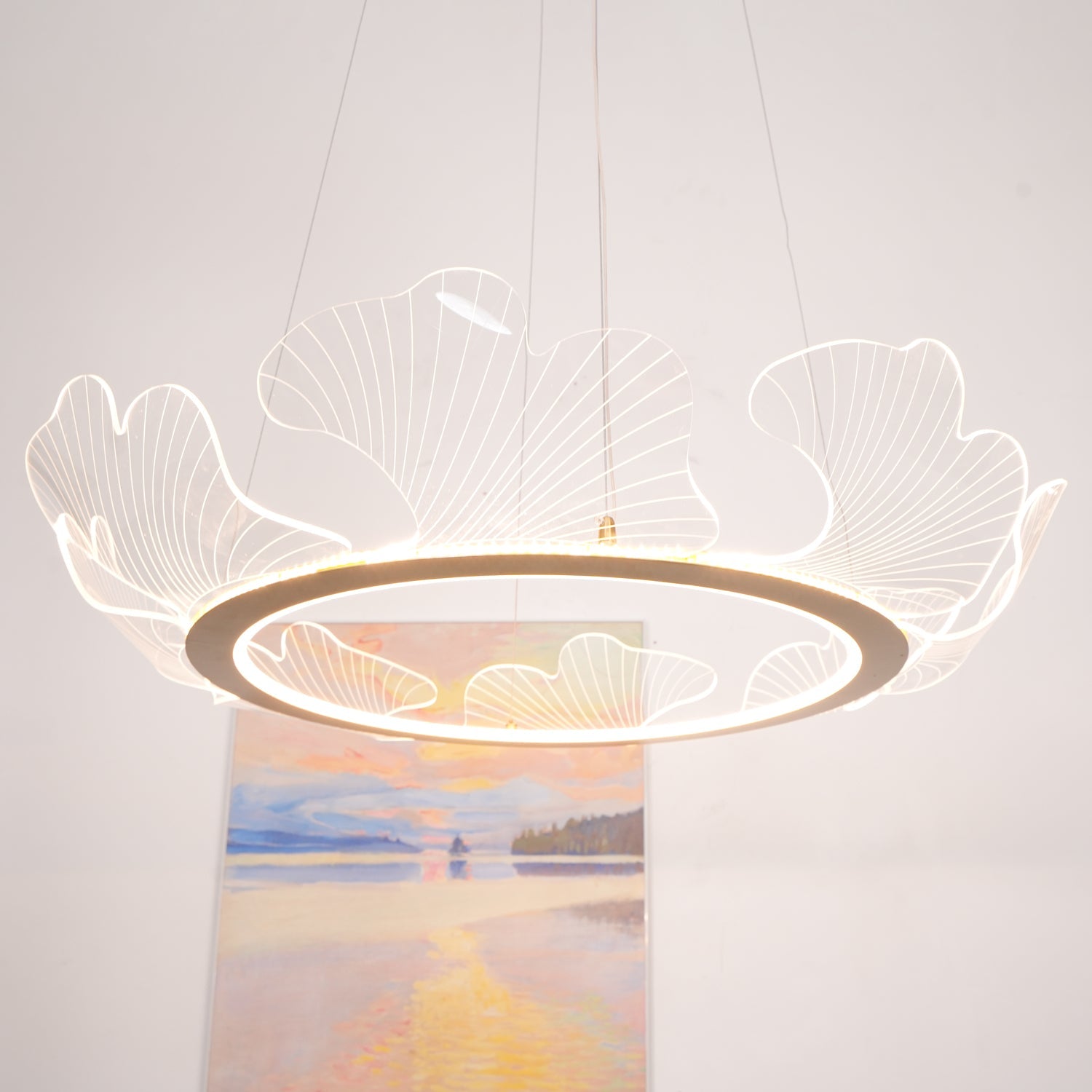 Modern Leaf Shaped LED Chandelier Gold Scallop Edge Pendant Lighting for Living Room
