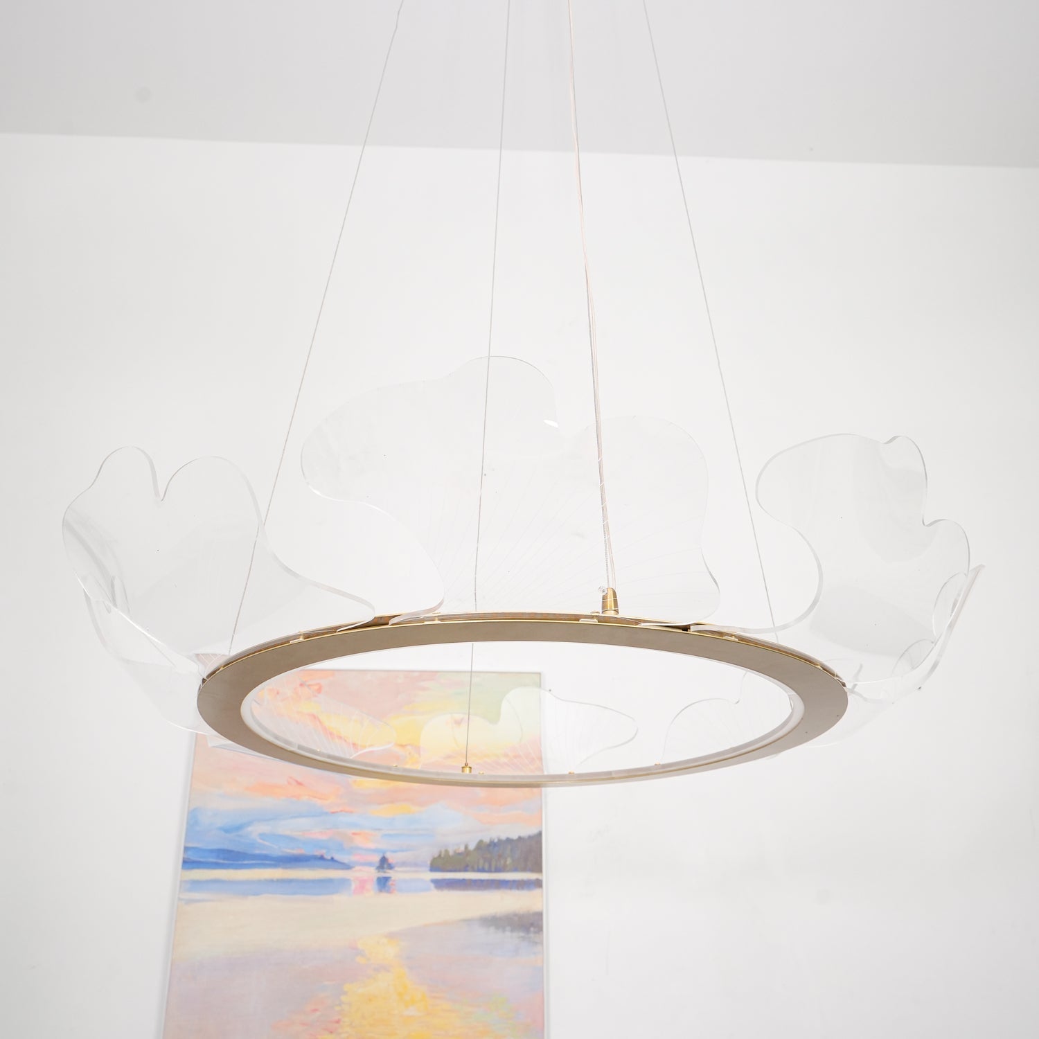 Modern Leaf Shaped LED Chandelier Gold Scallop Edge Pendant Lighting for Living Room