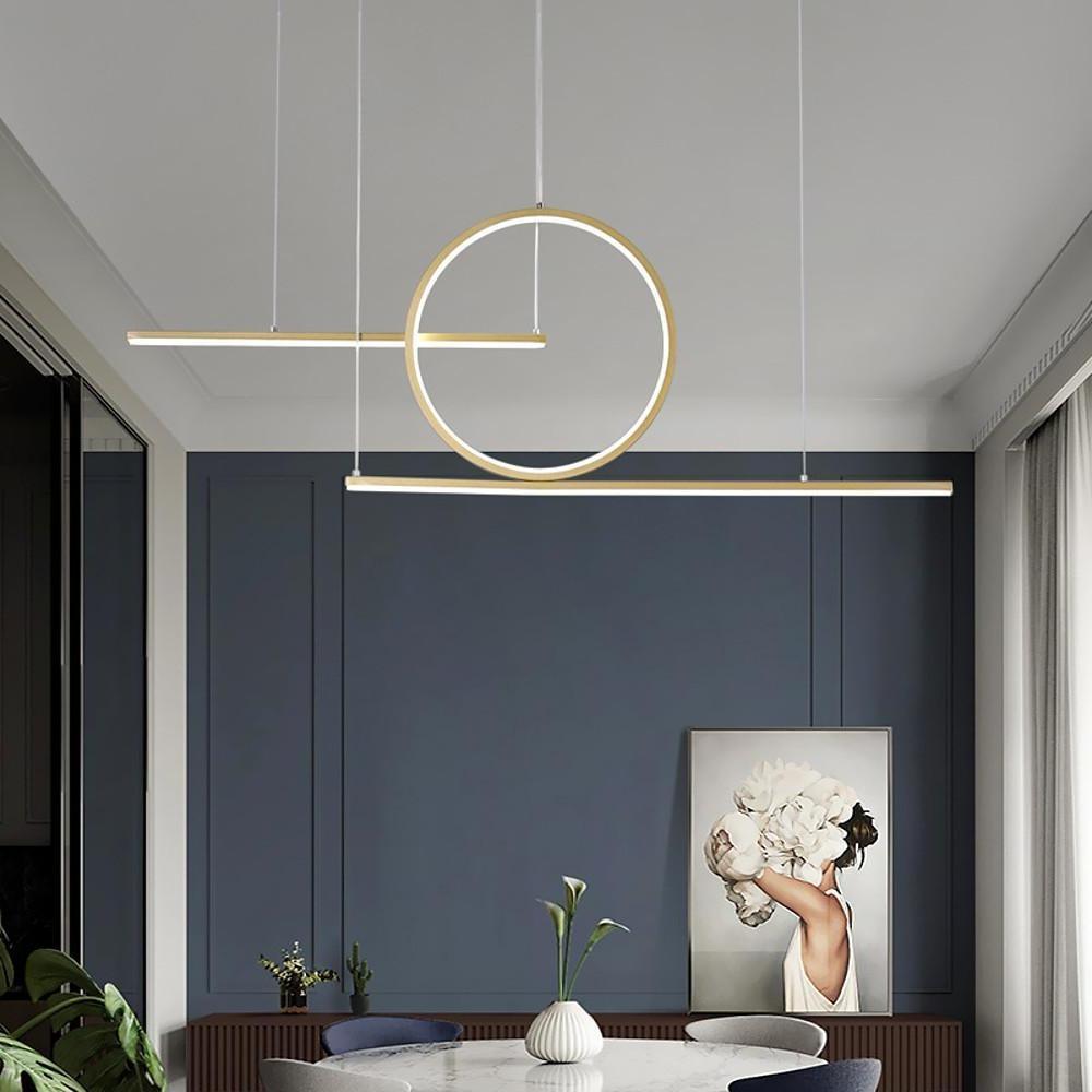 Modern LED Circle Linear Chandelier Adjustable Pendant Light for Dining Room Black and Gold
