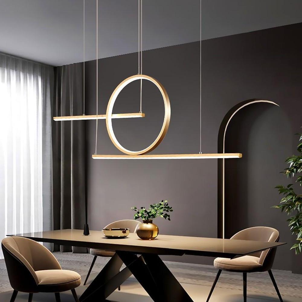 Modern LED Circle Linear Chandelier Adjustable Pendant Light for Dining Room Black and Gold