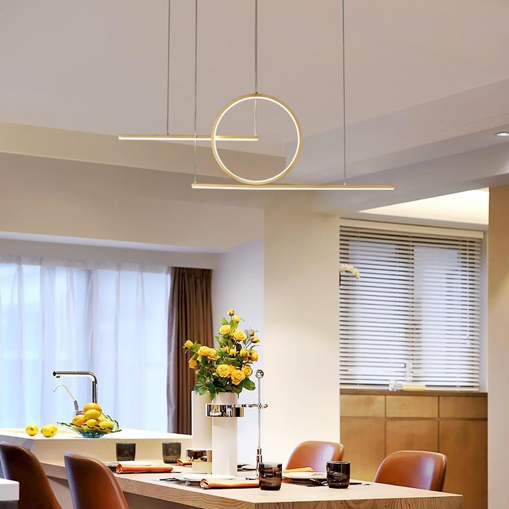 Modern LED Circle Linear Chandelier Adjustable Pendant Light for Dining Room Black and Gold