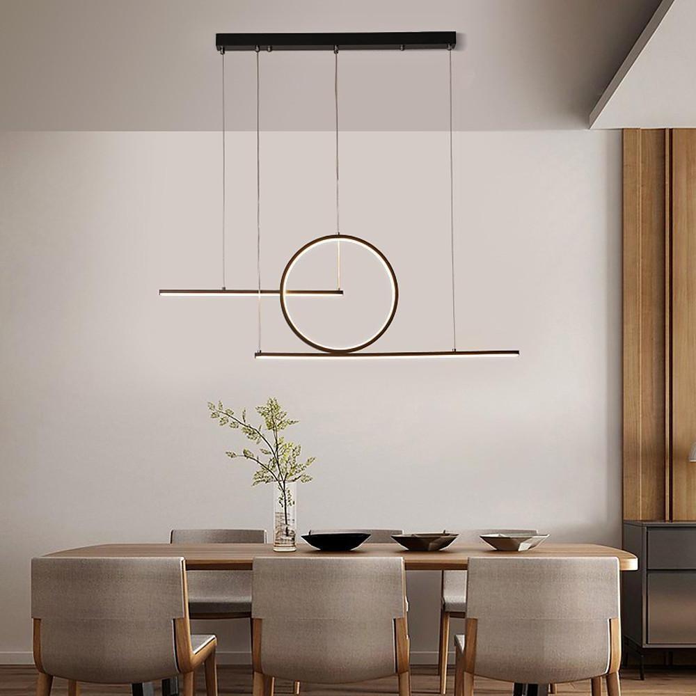 Modern LED Circle Linear Chandelier Adjustable Pendant Light for Dining Room Black and Gold