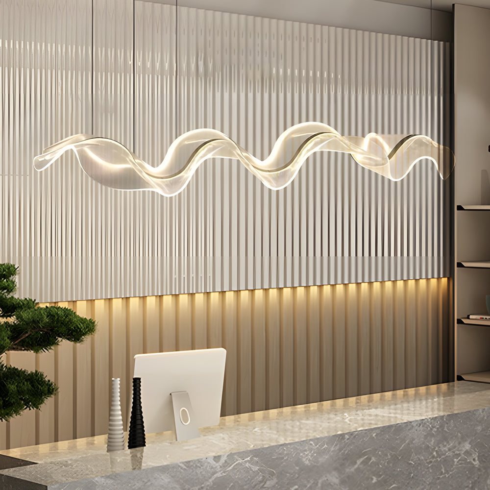 Modern LED Linear Wave Pendant Light Acrylic Ribbon Streamer Chandelier for Contemporary Dining Spaces