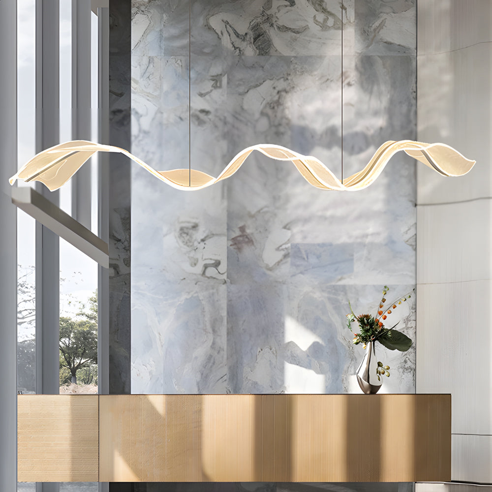 Modern LED Linear Wave Pendant Light Acrylic Ribbon Streamer Chandelier for Contemporary Dining Spaces