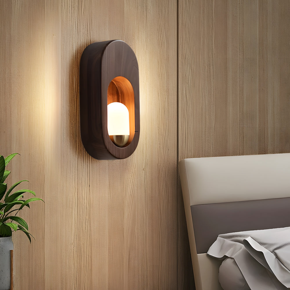 Modern LED Oval Wood Wall Sconce with Walnut Finish for Bedroom and Hallway Lighting