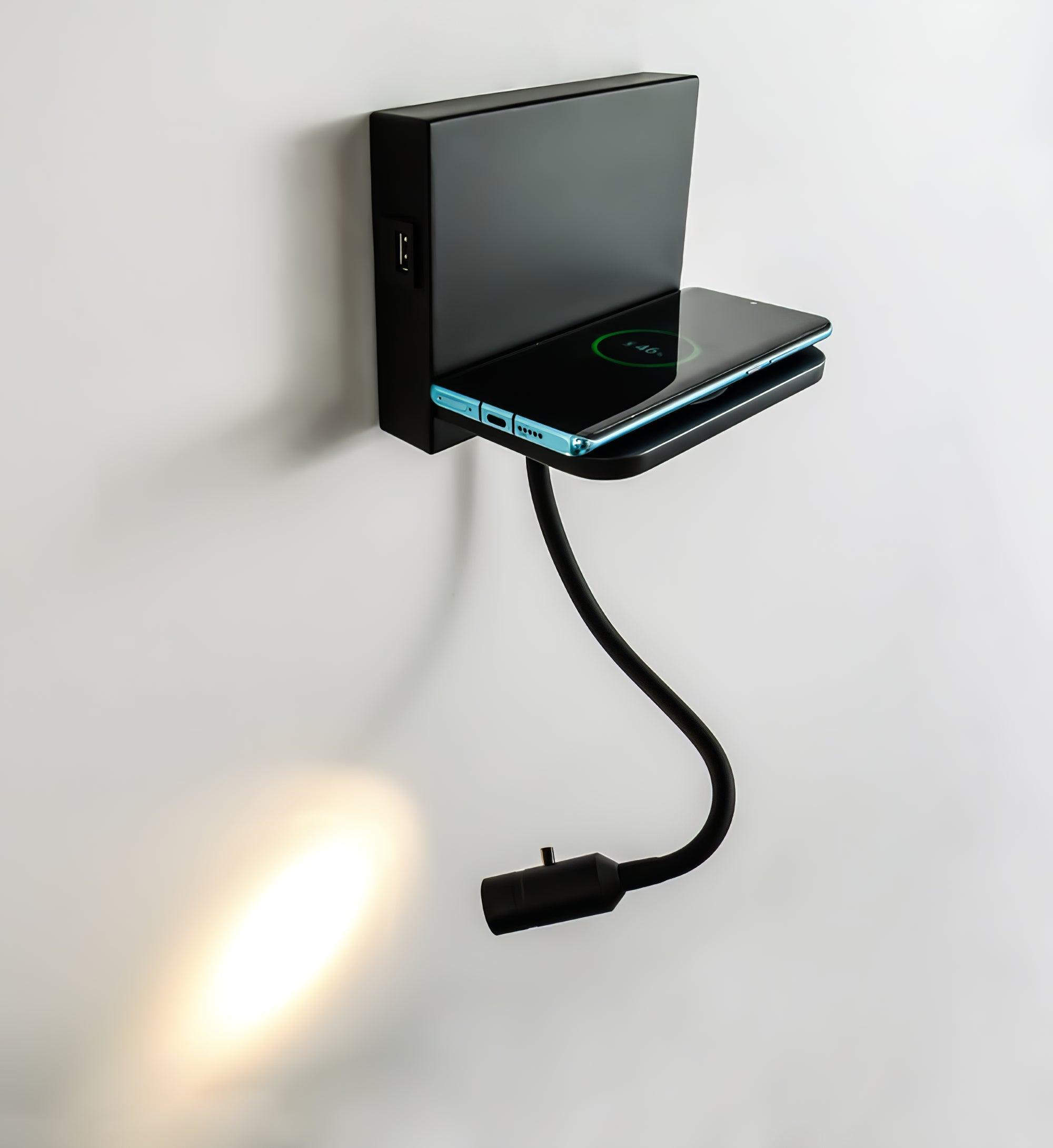 Modern LED Reading Wall Sconce with Wireless Charging Pad and Adjustable Rotary Head