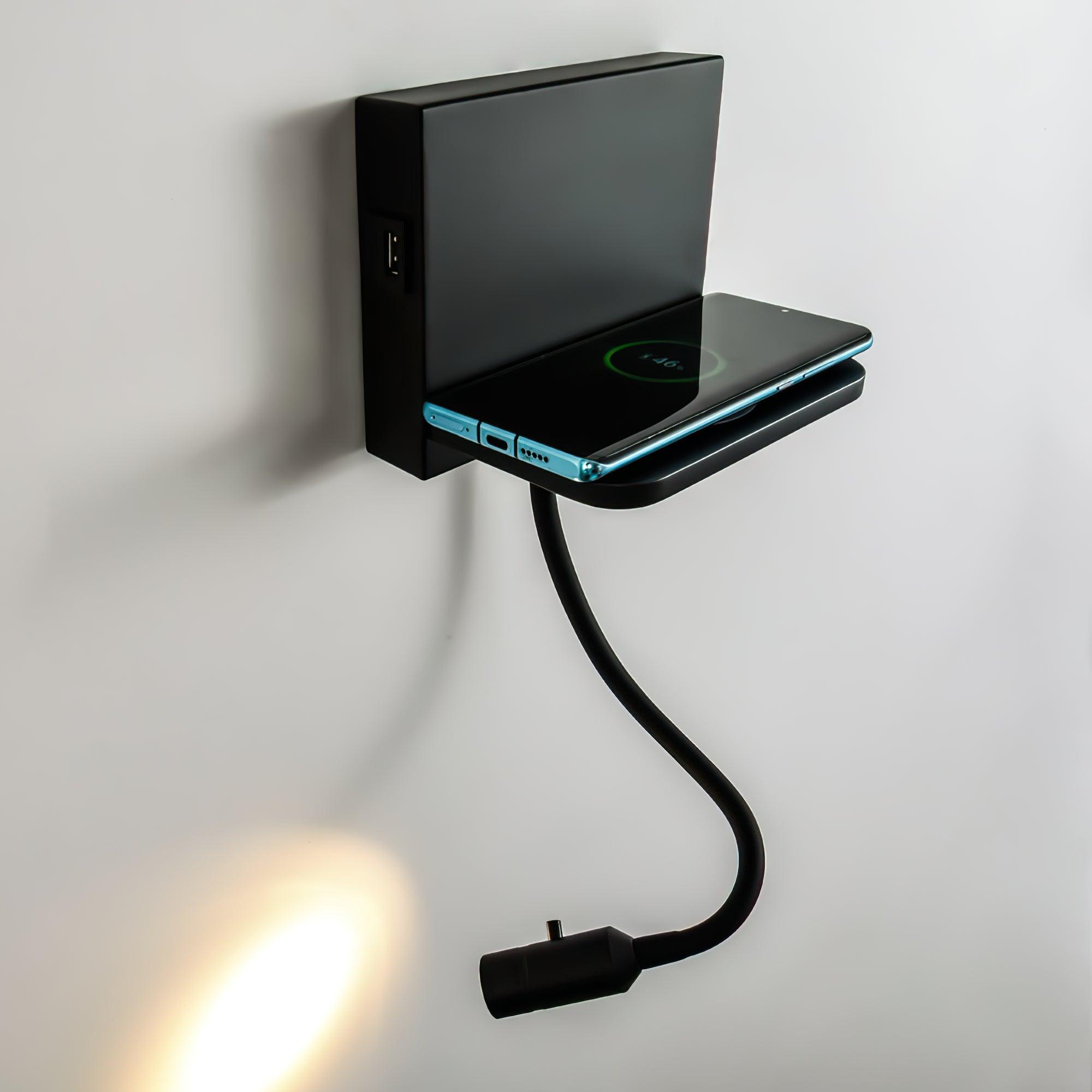 Modern LED Reading Wall Sconce with Wireless Charging Pad and Adjustable Rotary Head
