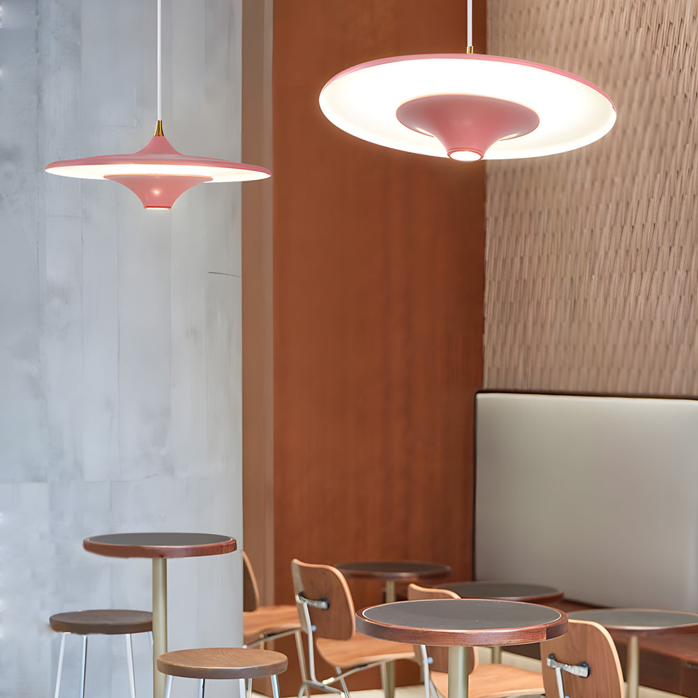 Modern LED Round UFO Pendant Light 13.8 Inch Metal Spaceship Hanging Lamp for Dining Room and Bar
