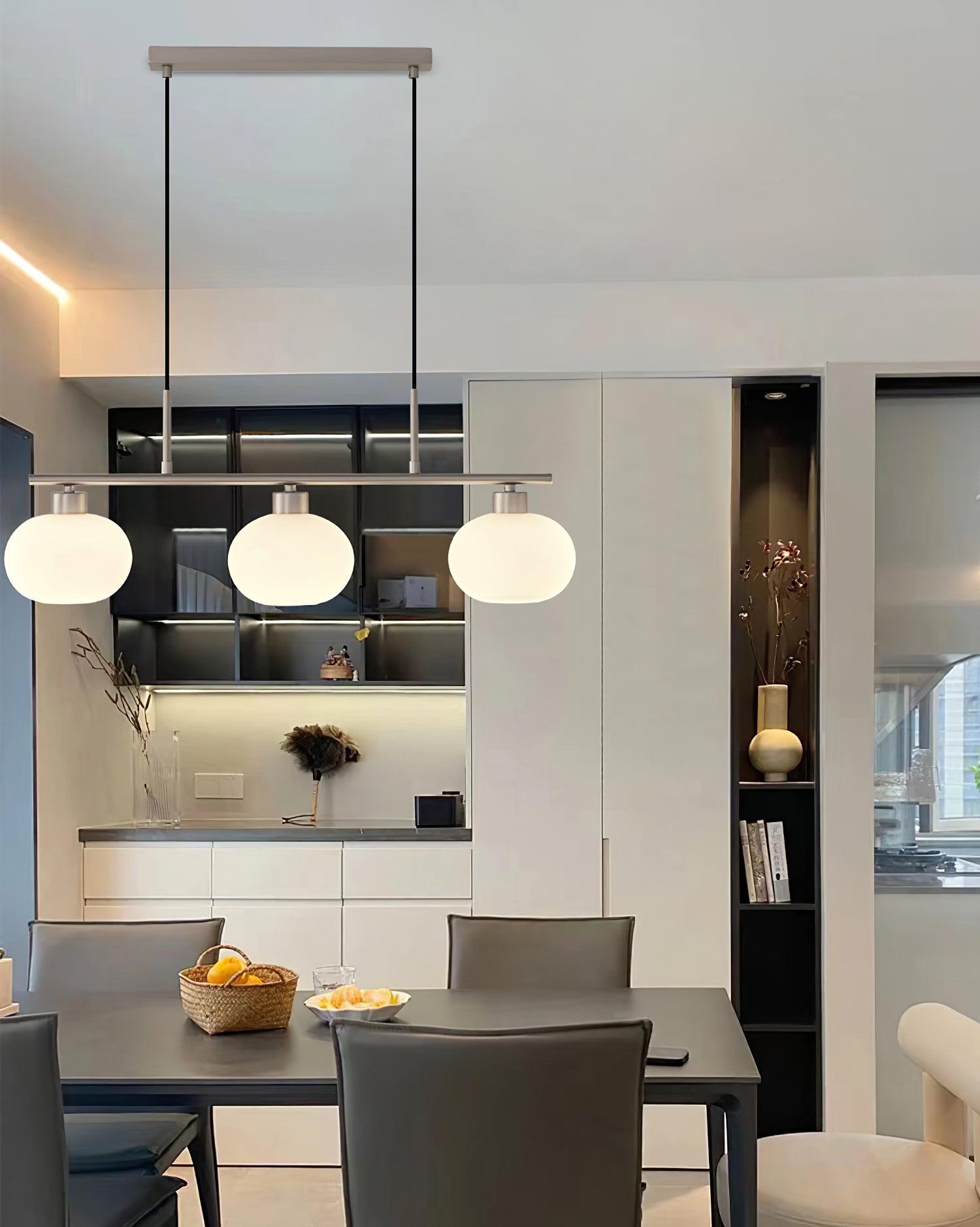 Modern Linear 3 Light Pendant with Globe Glass Shades and Adjustable Height