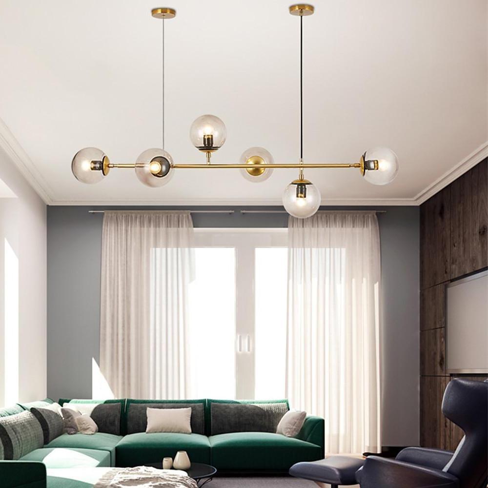 Modern Linear Glass Globe Chandelier Gold Sputnik Pendant Light for Dining Room 4 or 6 Heads