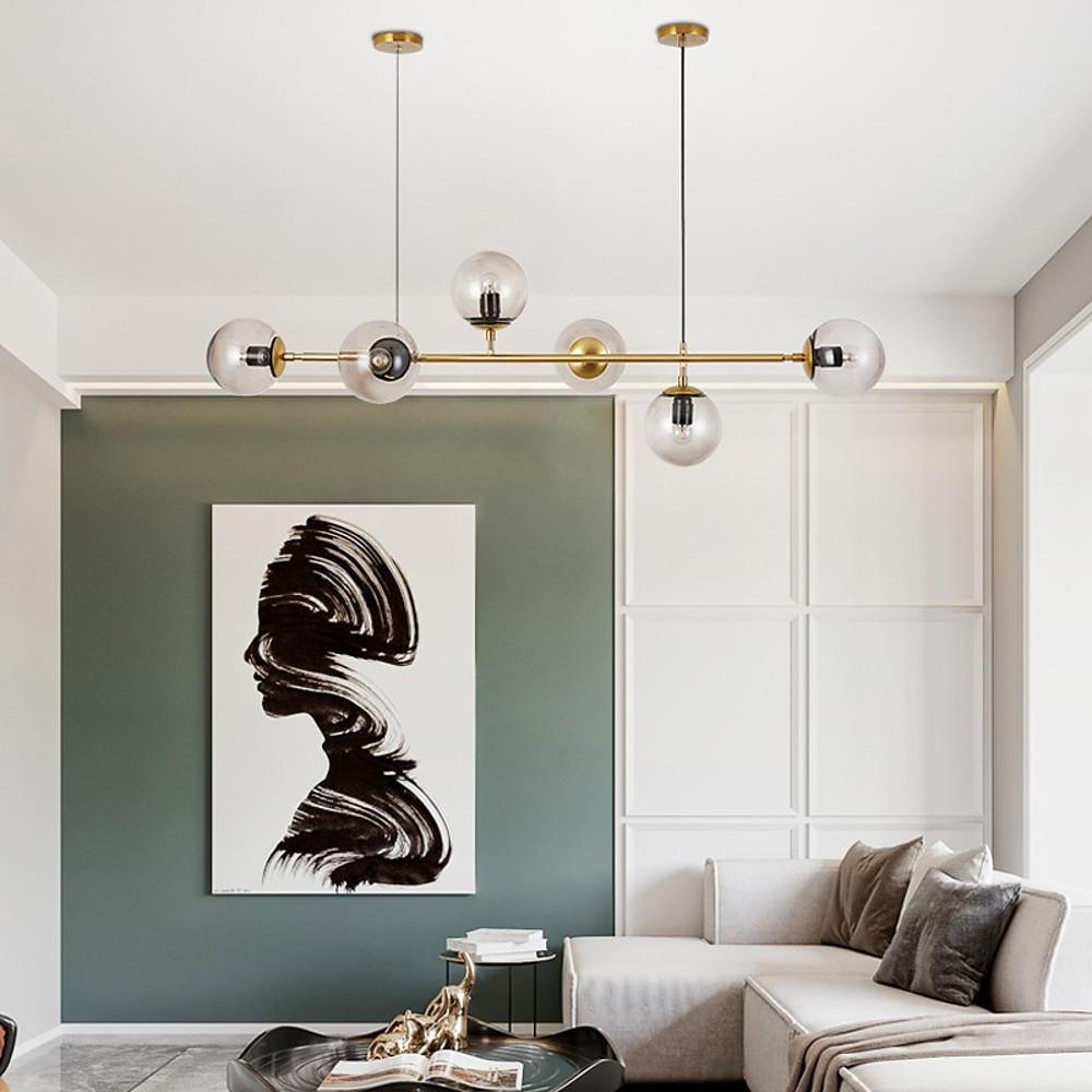 Modern Linear Glass Globe Chandelier Gold Sputnik Pendant Light for Dining Room 4 or 6 Heads
