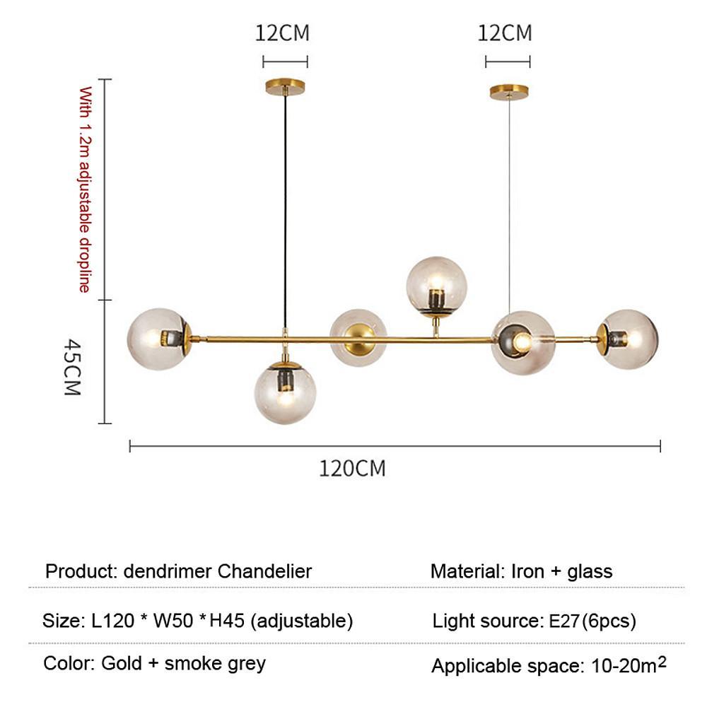 Modern Linear Glass Globe Chandelier Gold Sputnik Pendant Light for Dining Room 4 or 6 Heads