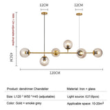 Modern Linear Glass Globe Chandelier Gold Sputnik Pendant Light for Dining Room 4 or 6 Heads