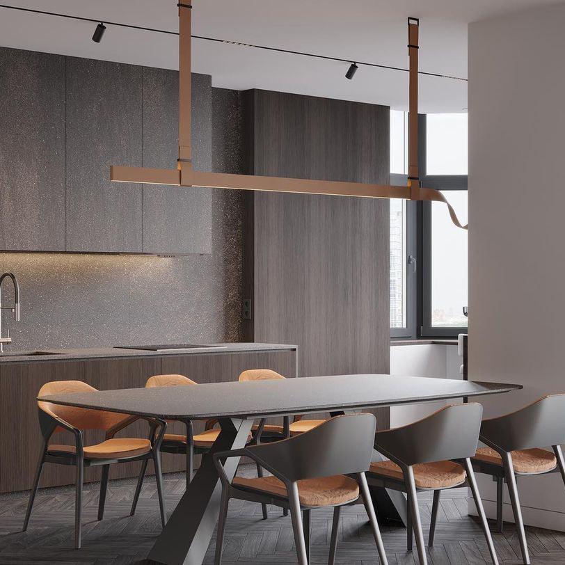 Modern Linear Leather Belt LED Pendant Light Horizontal Suspended Ceiling Chandelier