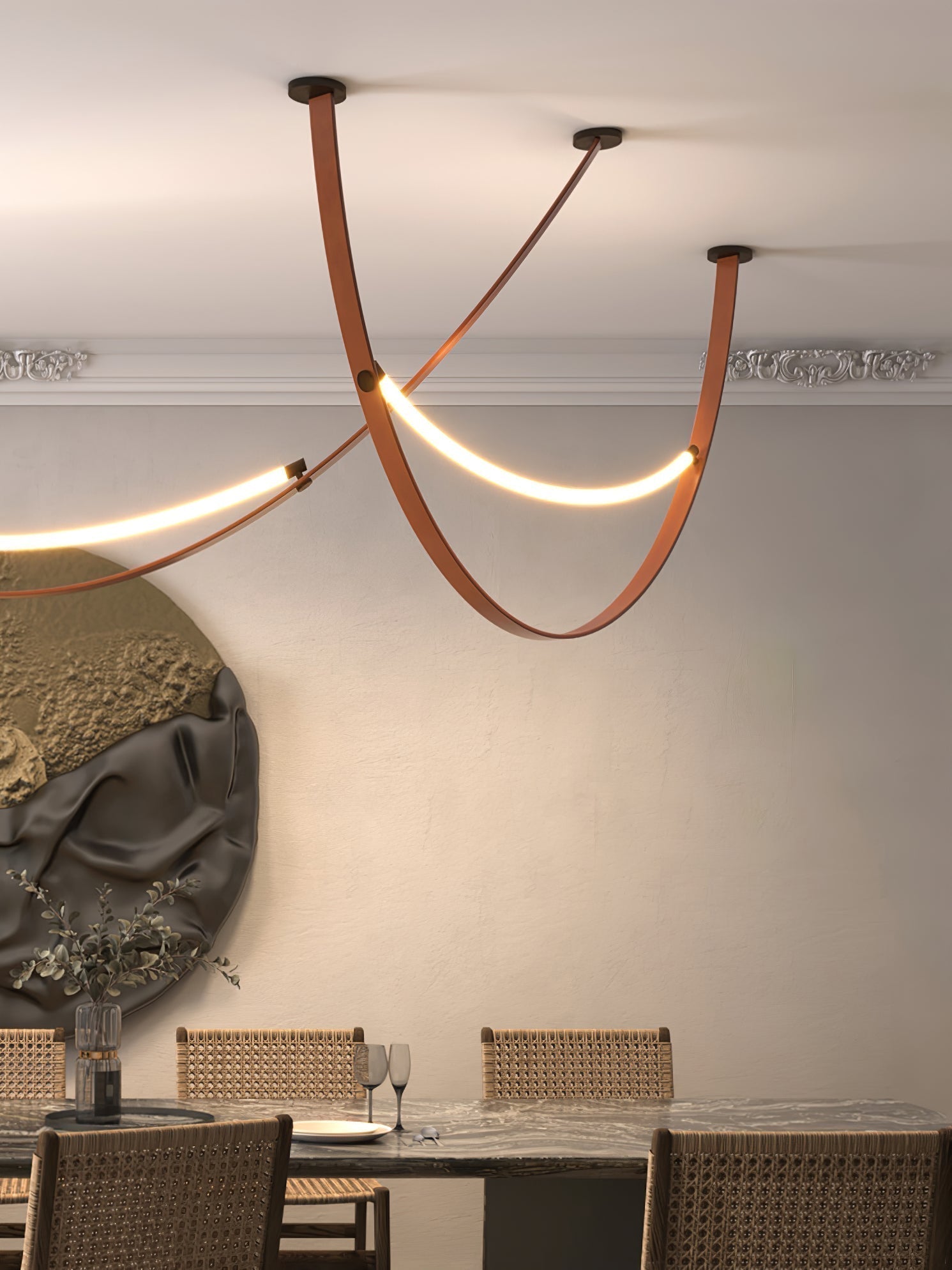 Modern Linear Leather Belt Pendant Light LED Minimalist Ceiling Hanging Lamp