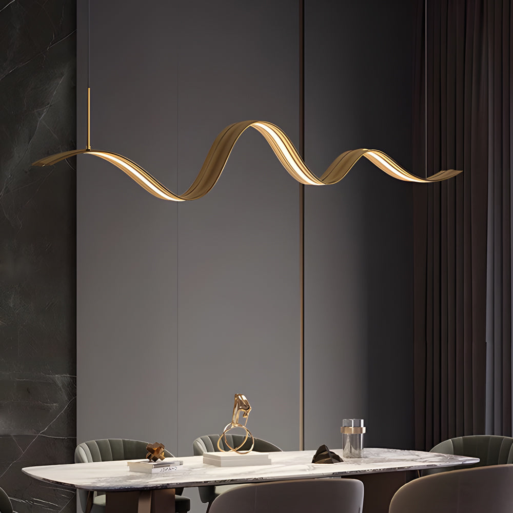 Modern Linear LED Brass Wave Pendant Light for Kitchen Island and Dining Room