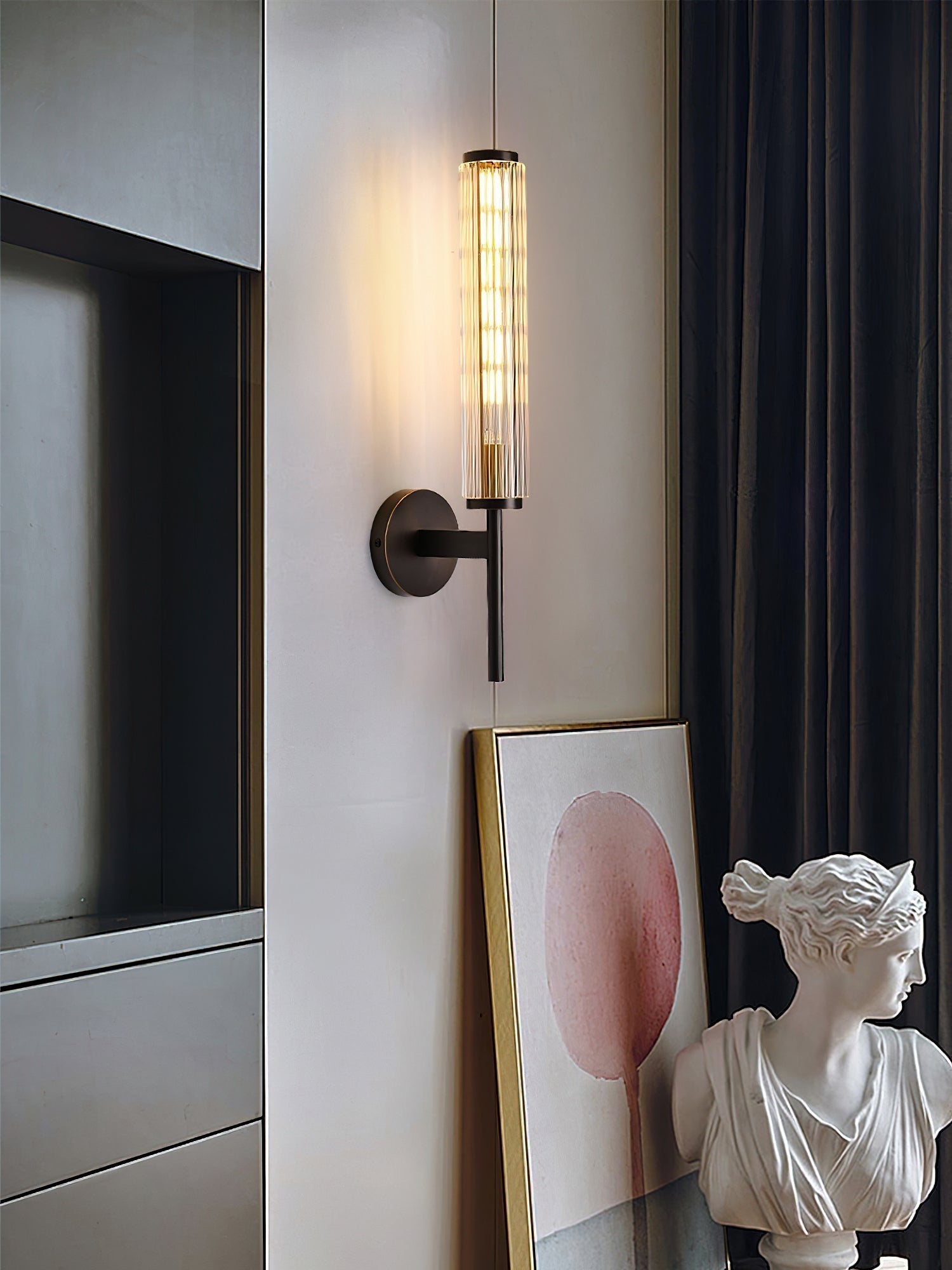 Modern Linear LED Glass Wall Sconce Brass and Black Finish Vanity Light for Indoor Spaces