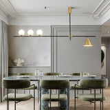Modern Linear Pendant Chandelier with Opal Glass Globes and Architectural Metallic Design