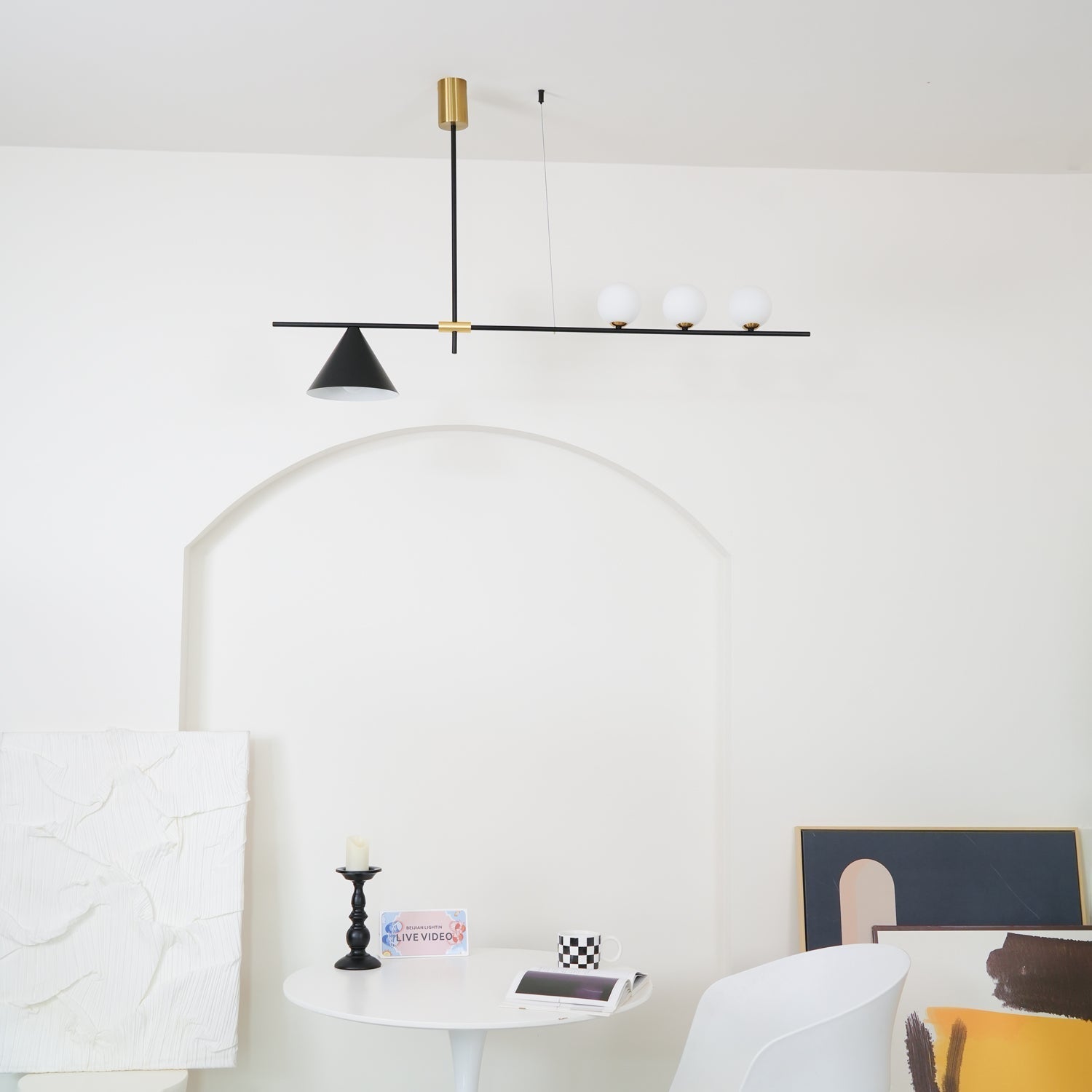 Modern Linear Pendant Chandelier with Opal Glass Globes and Architectural Metallic Design