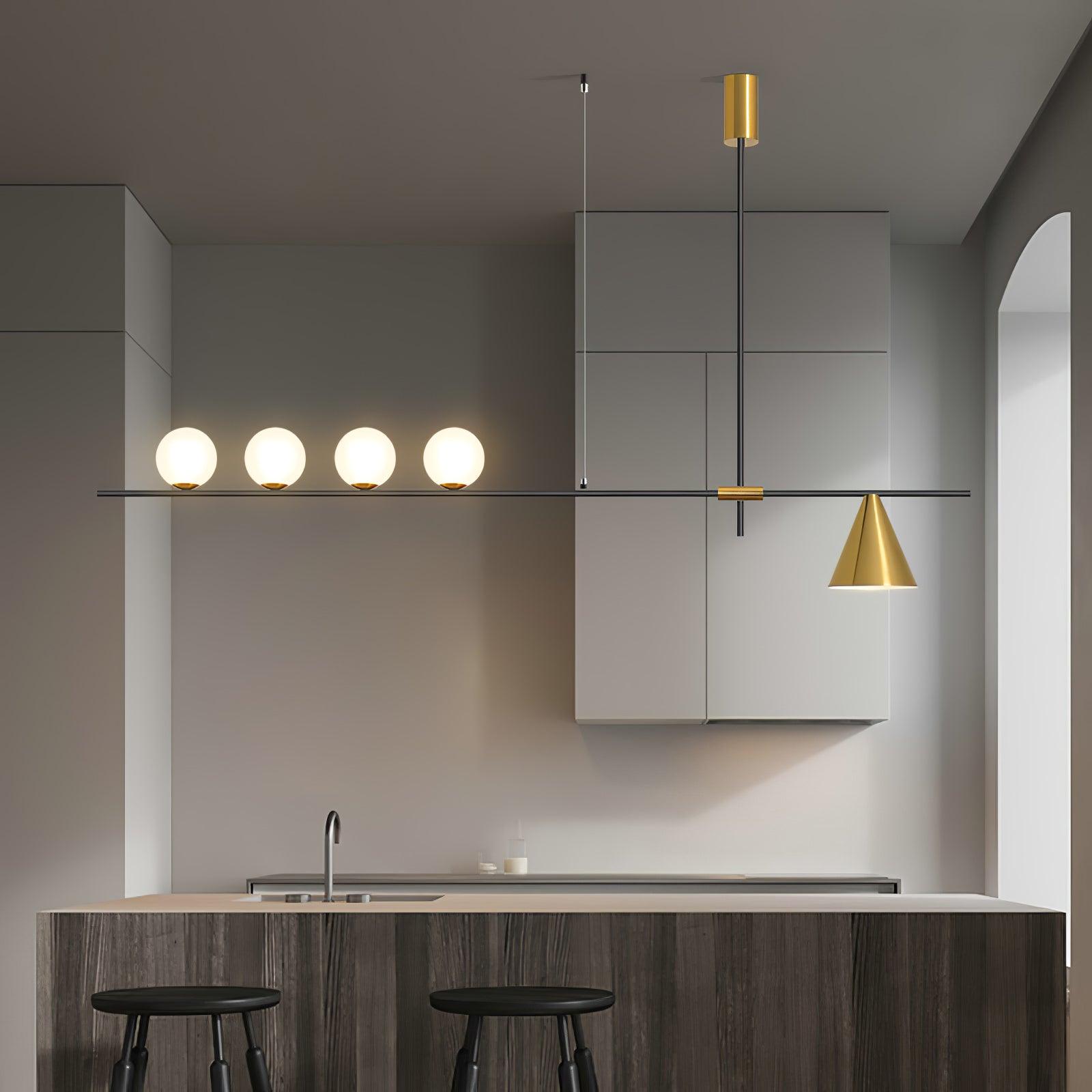 Modern Linear Pendant Chandelier with Opal Glass Globes and Architectural Metallic Design
