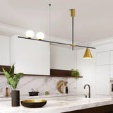 Modern Linear Pendant Chandelier with Opal Glass Globes and Architectural Metallic Design