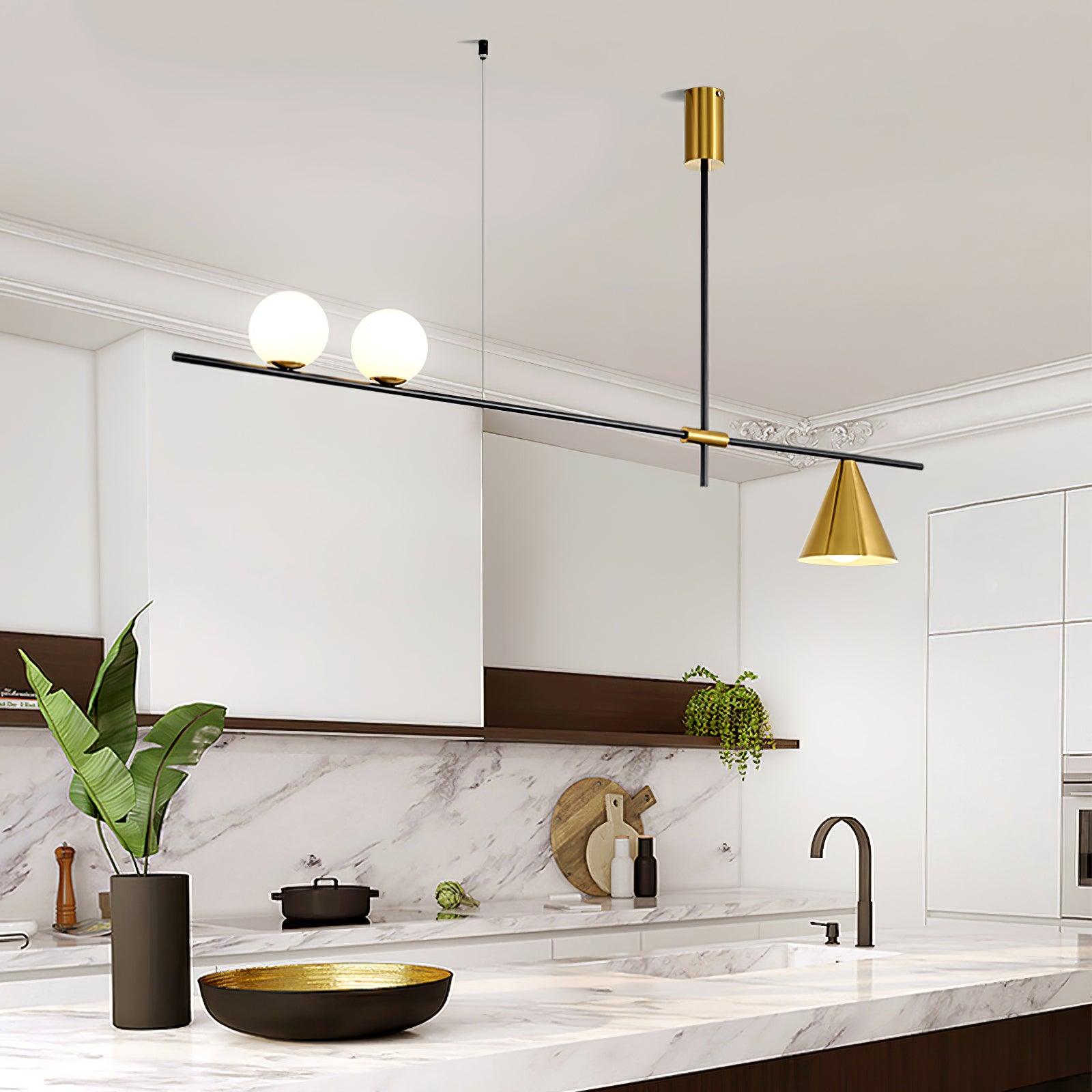 Modern Linear Pendant Chandelier with Opal Glass Globes and Architectural Metallic Design