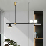 Modern Linear Pendant Chandelier with Opal Glass Globes and Architectural Metallic Design