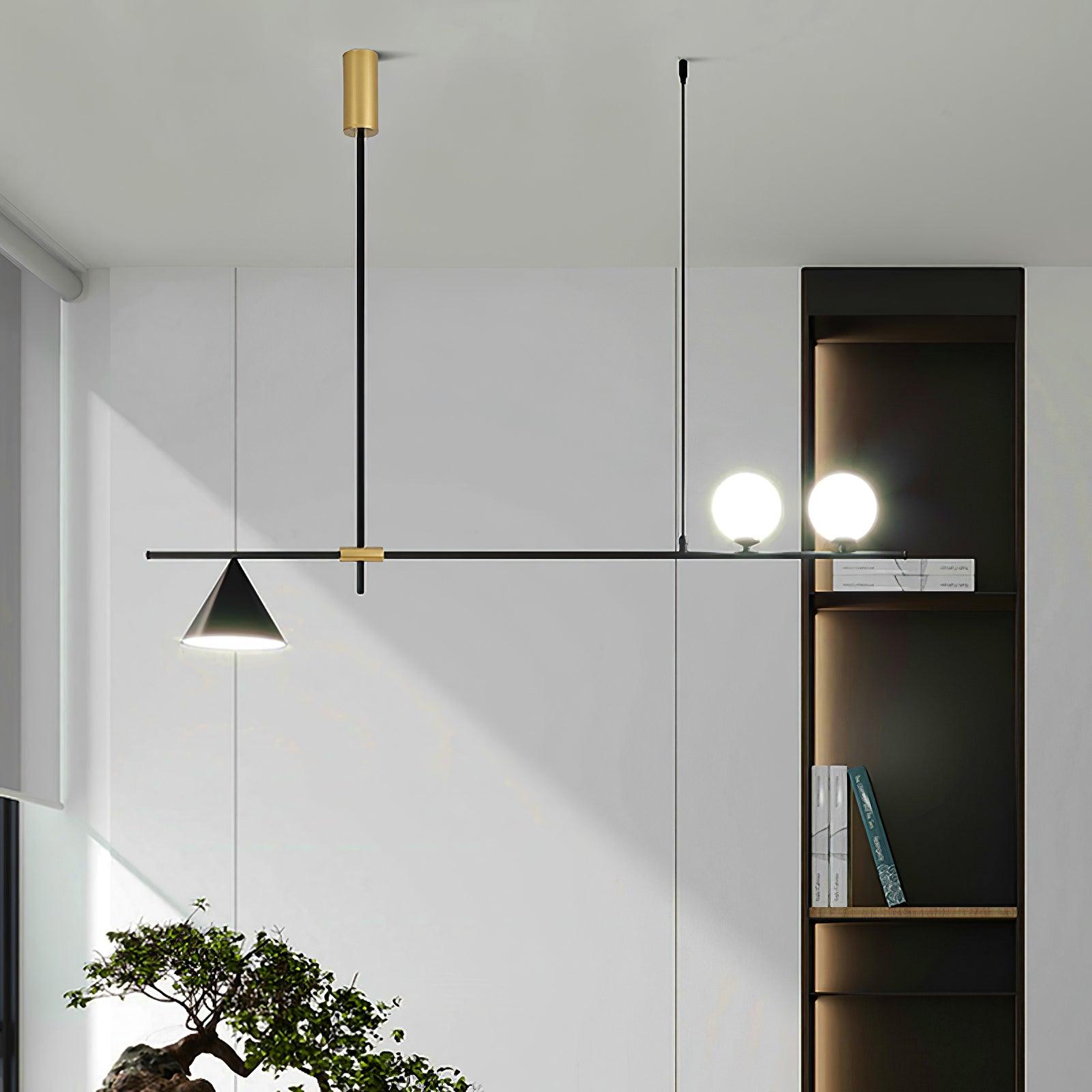 Modern Linear Pendant Chandelier with Opal Glass Globes and Architectural Metallic Design
