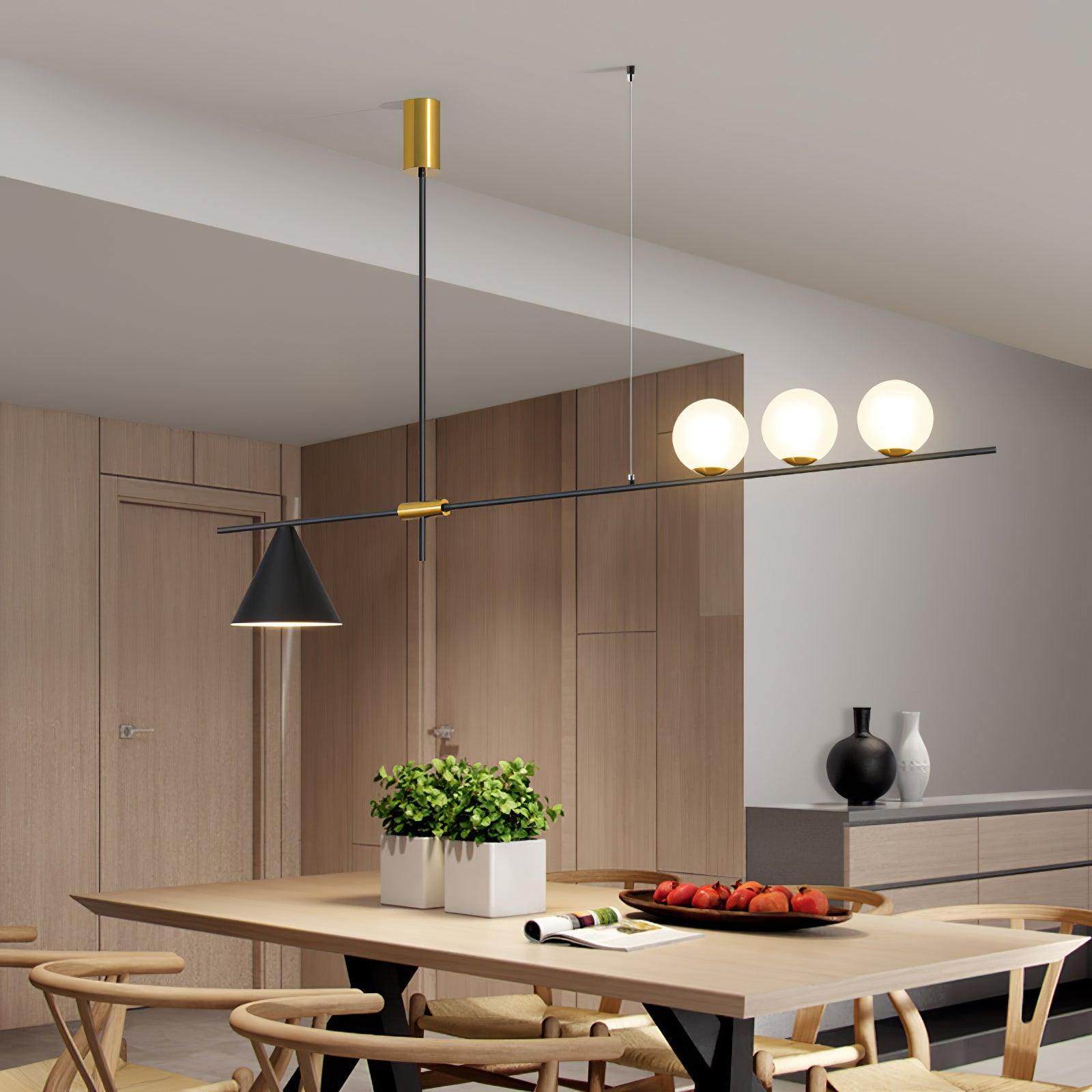 Modern Linear Pendant Chandelier with Opal Glass Globes and Architectural Metallic Design