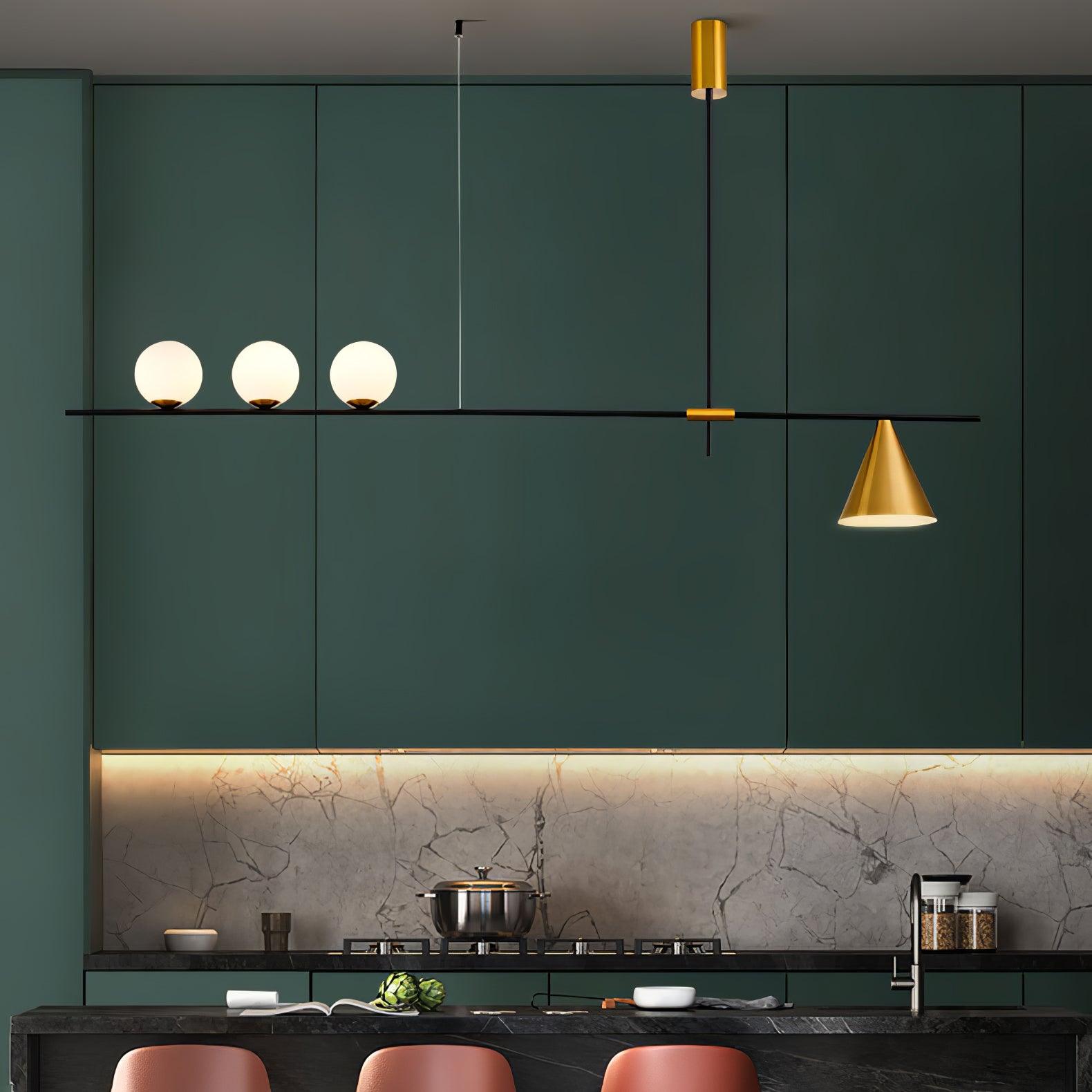 Modern Linear Pendant Chandelier with Opal Glass Globes and Architectural Metallic Design