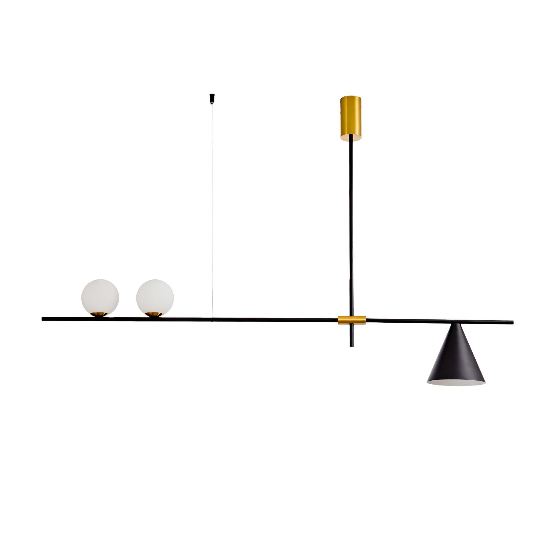 Modern Linear Pendant Chandelier with Opal Glass Globes and Architectural Metallic Design
